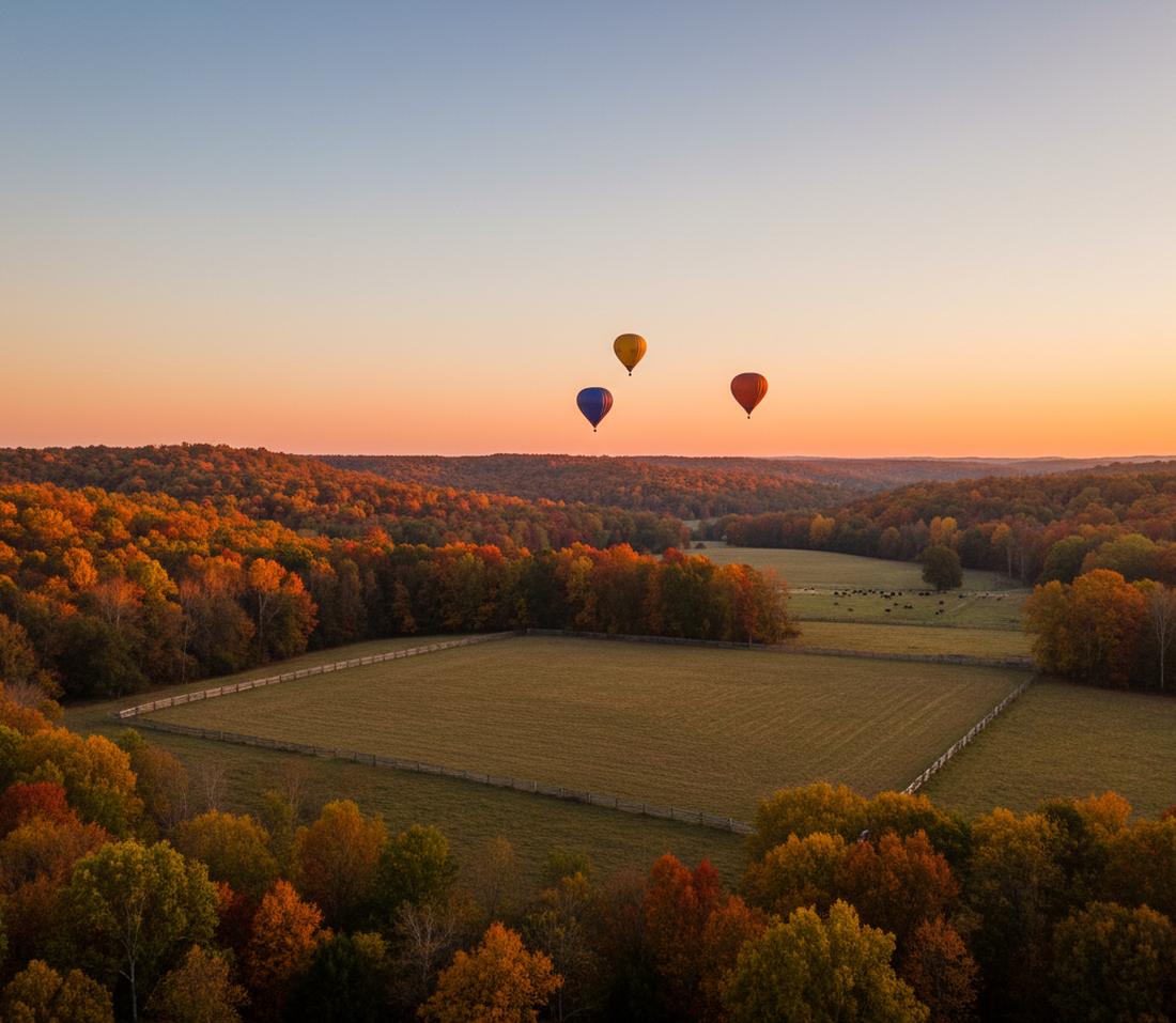 Three distant balloons, mustard yellow, blue and red-orange, in an orange sky above rolling autumn hardwoods and a hay meadow with white board fences