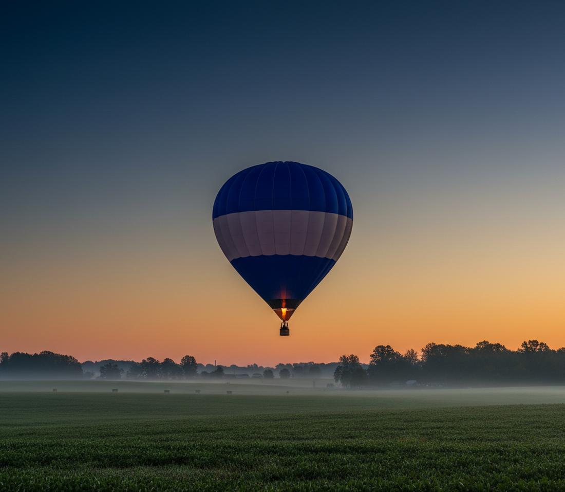 A navy balloon with a pale lavender band lit by its burner flame before sunrise, over a misty row-crop field and a dark tree line